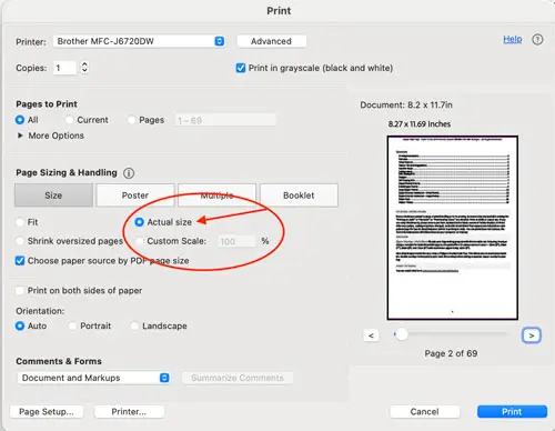How to print PDF sewing patterns at 100% (Actual Size) for correct scale.